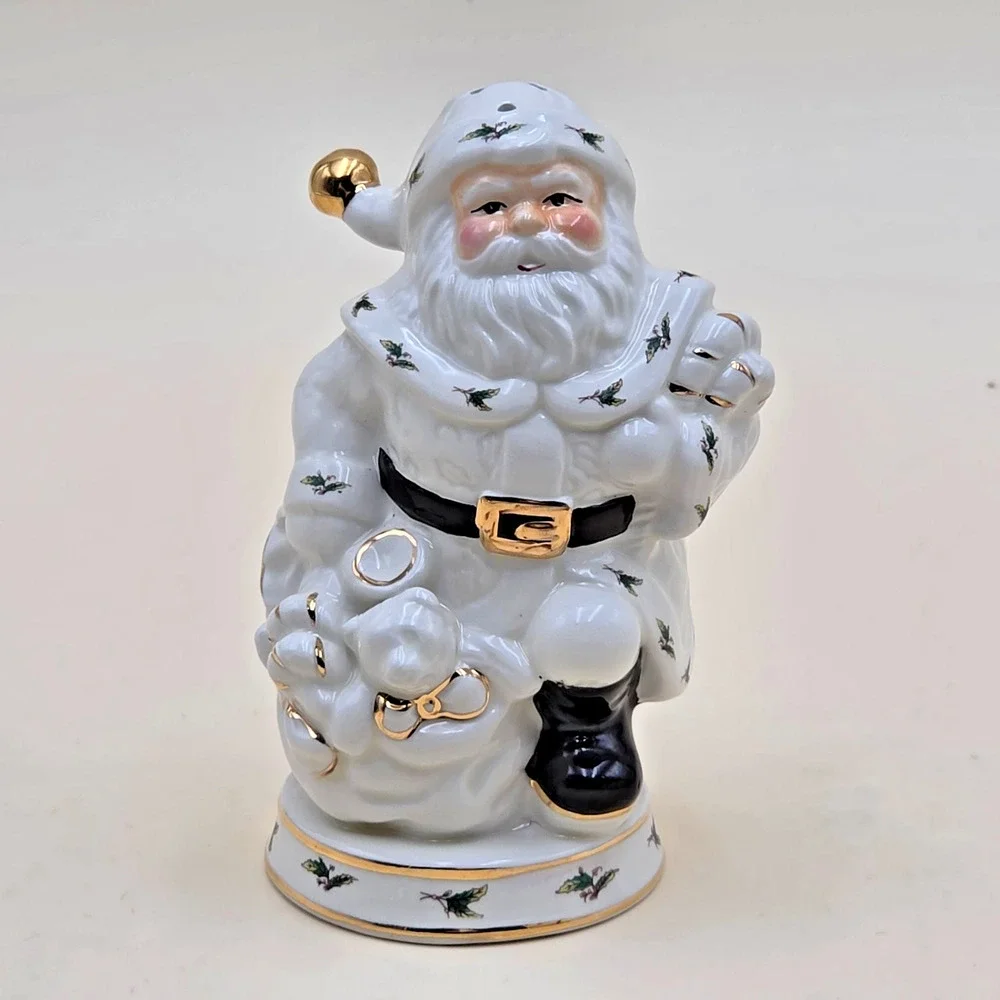 Holly Holiday Santa Ceramic Salt & Pepper Shakers Gold Trim Home Vintage 1999